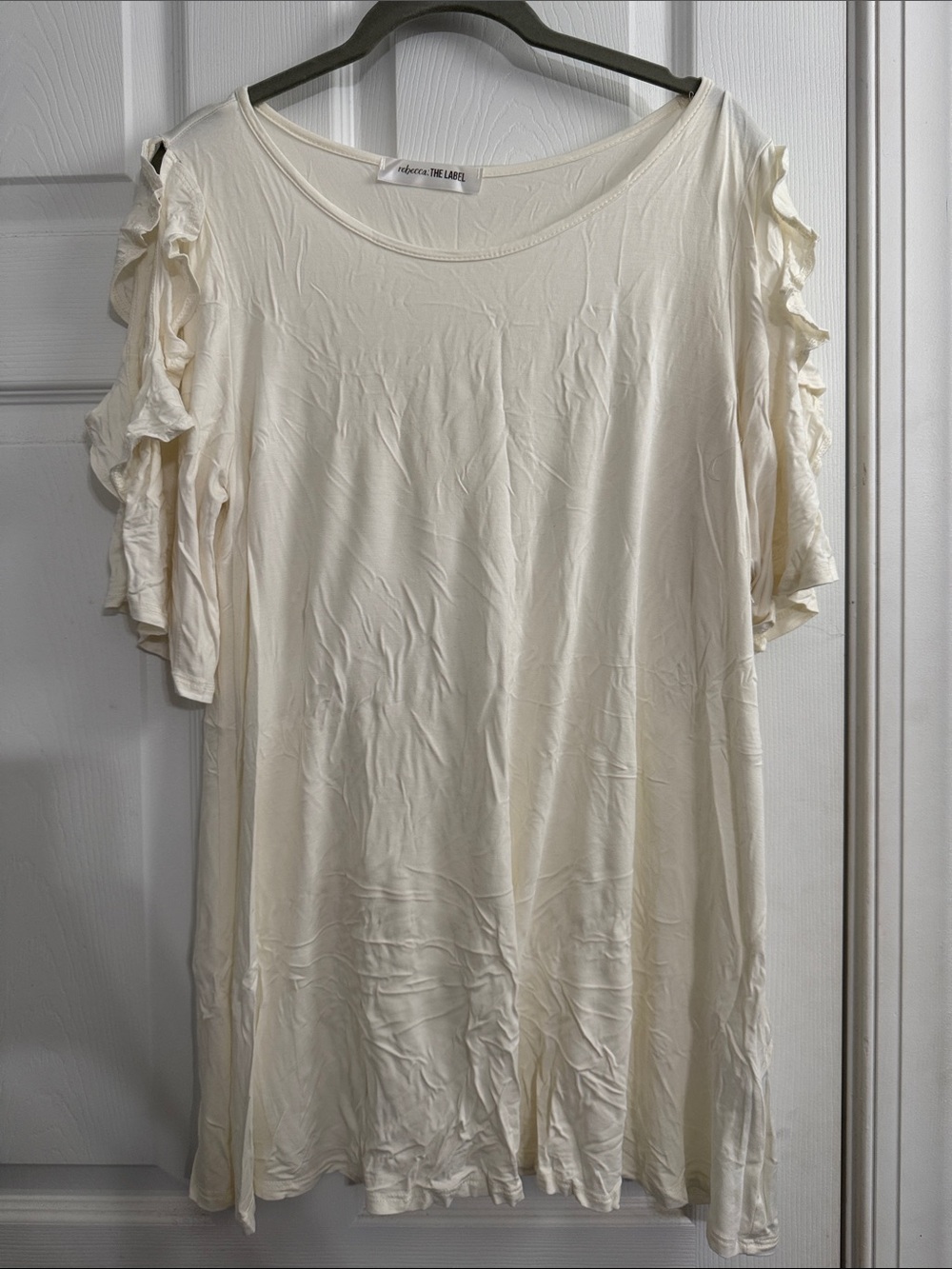 Ruffled Short Cold Shoulder Sleeve Tunic Top - Cream
